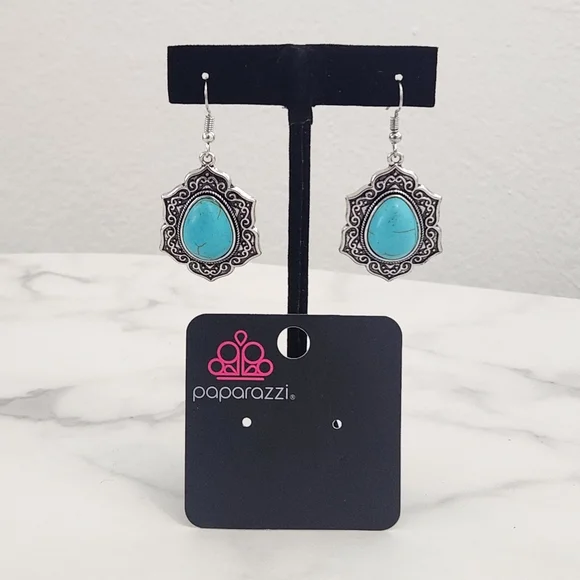Paparazzi Vintage Silver and Turquoise Dangle Earrings - Picture 9 of 9